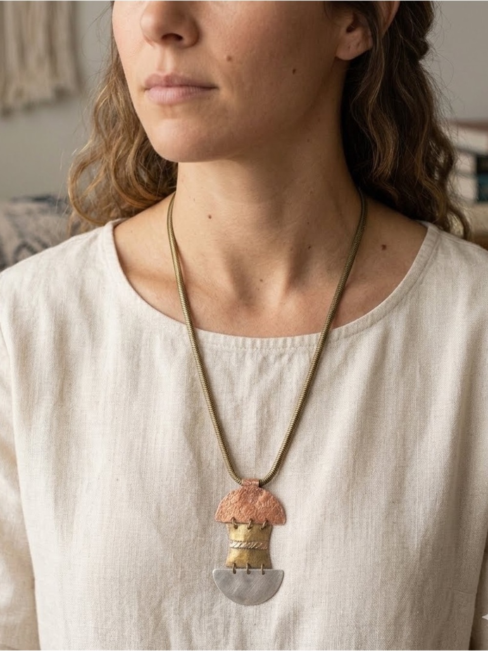 Marjorie Baer San Francisco Modernist Mixed Metals Pendant Necklace.